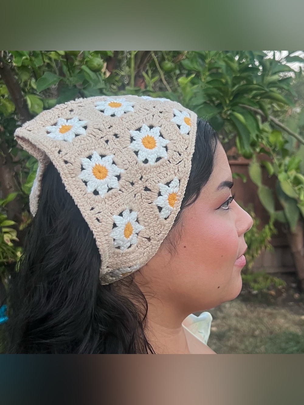 Handmade Beige Daisy Crochet Headband with White and Yellow Accents